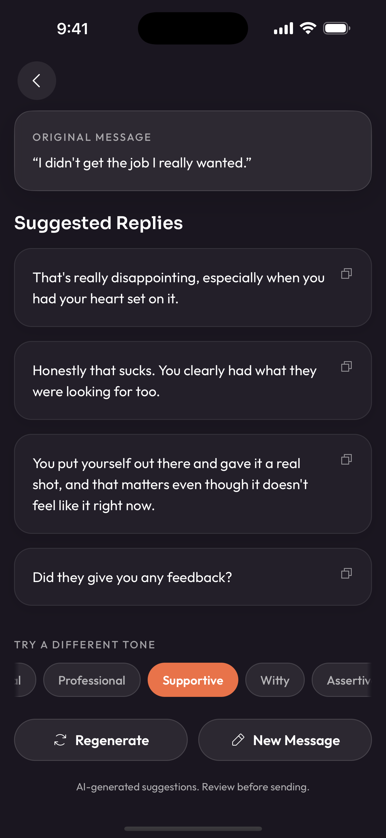 parry results screen showing the original message 'I didn't get the job I really wanted.' and four suggested replies in the Supportive tone