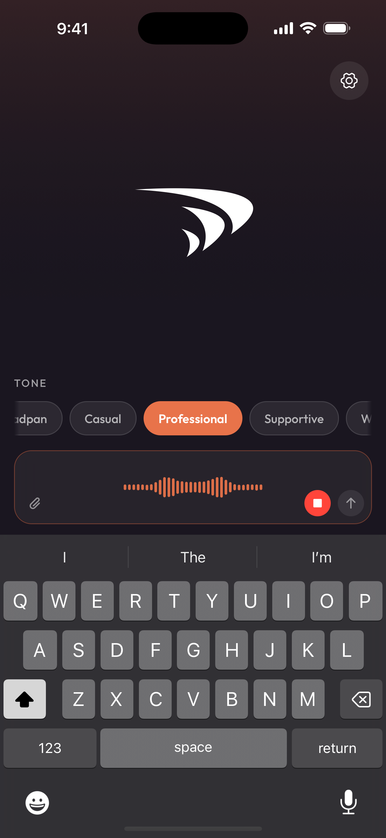 parry home screen during voice dictation, coral waveform mid-pulse in the input bar with the Professional tone chip selected